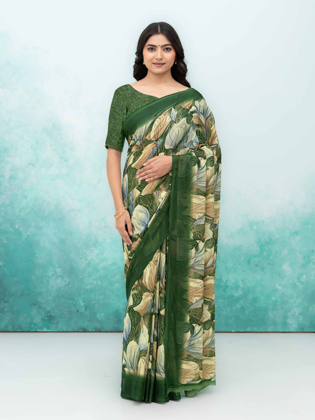Olive Green Georgette Chiffon Saree