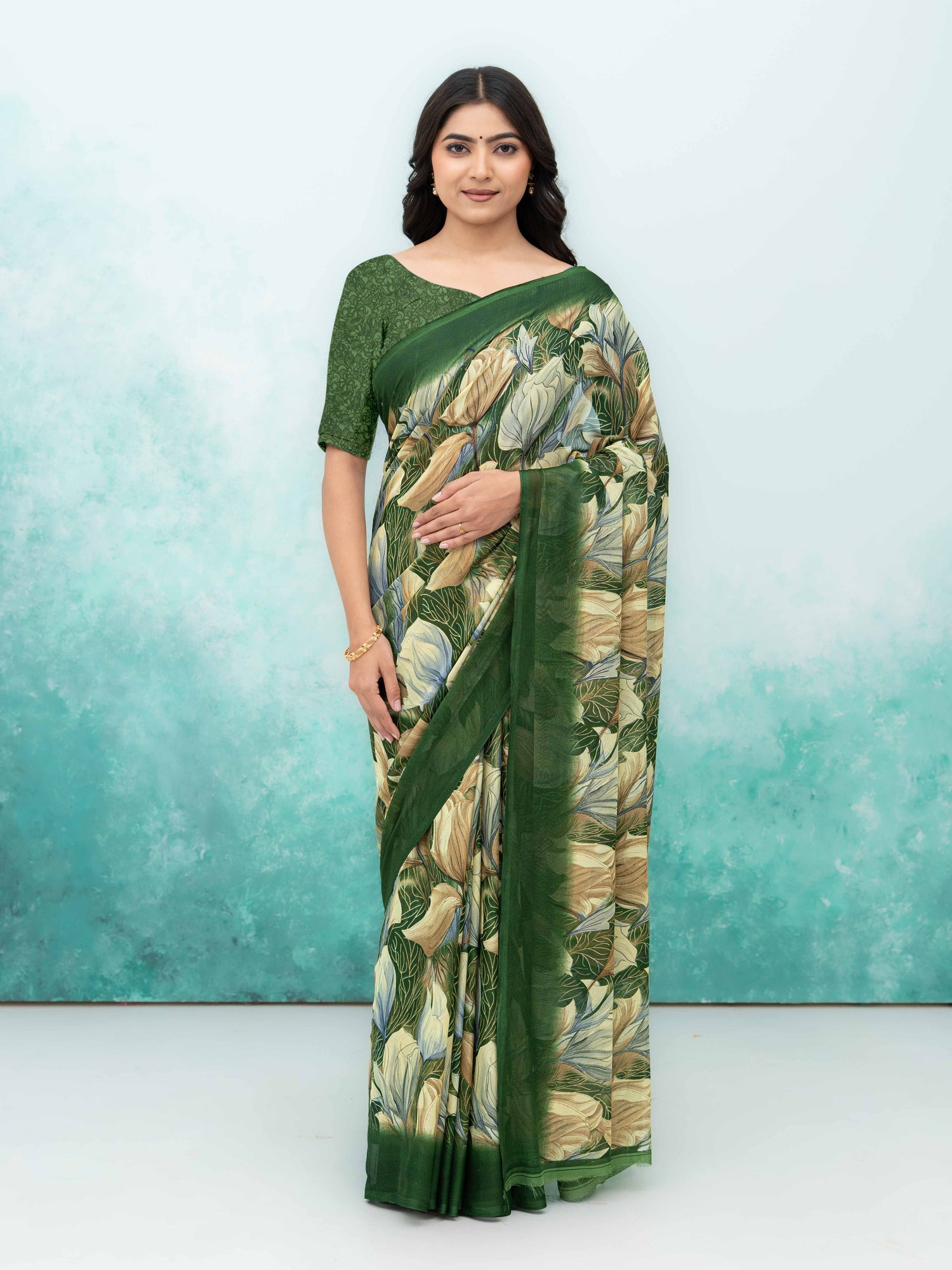 Olive Green Georgette Chiffon Saree