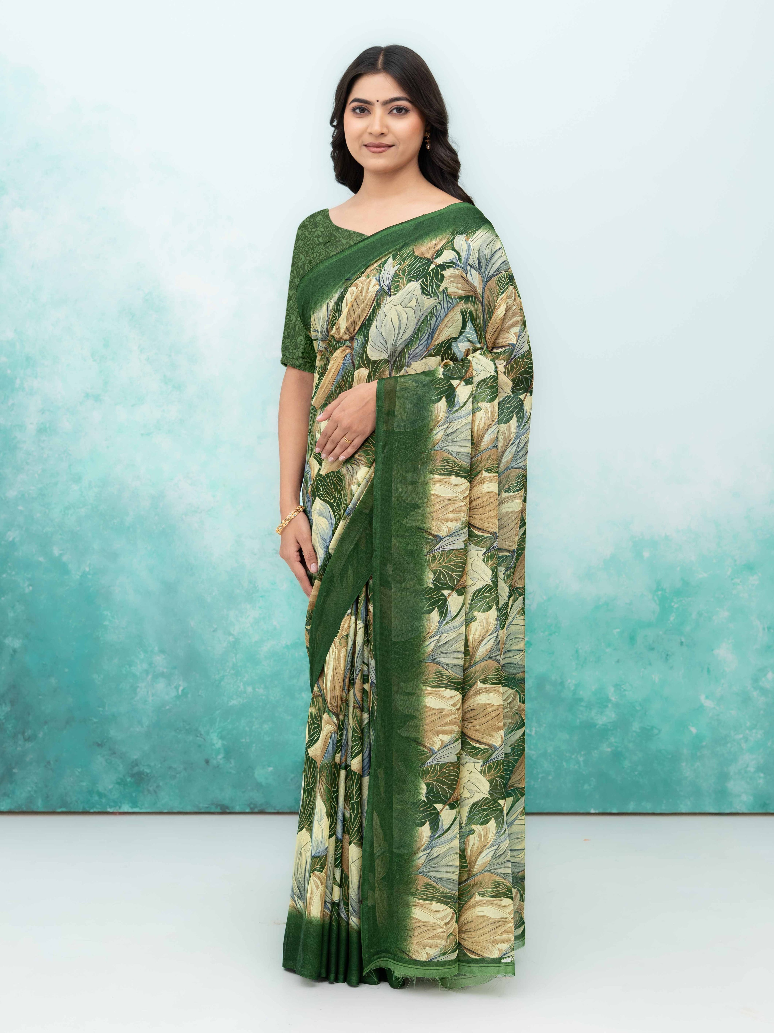 Olive Green Georgette Chiffon Saree