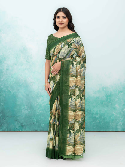 Olive Green Georgette Chiffon Saree