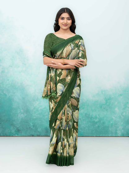 Olive Green Georgette Chiffon Saree