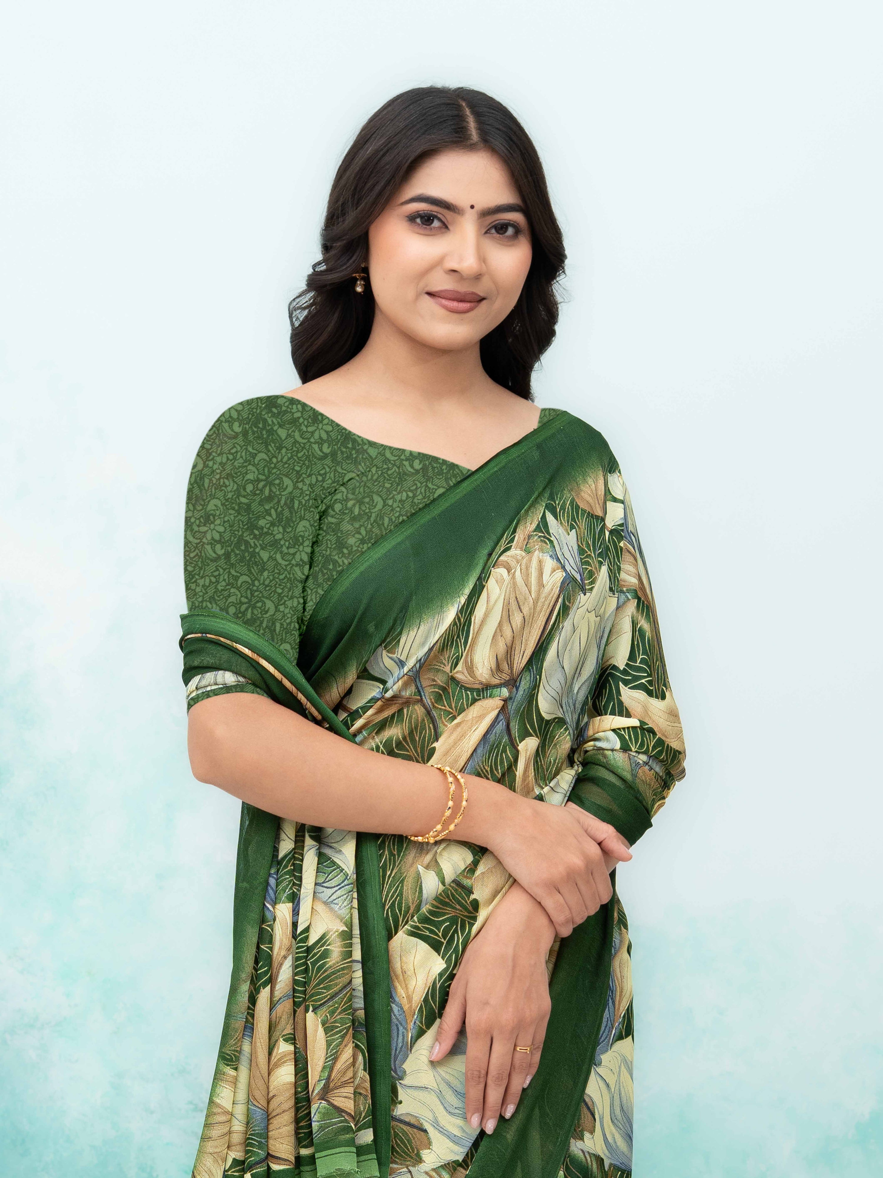 Olive Green Georgette Chiffon Saree