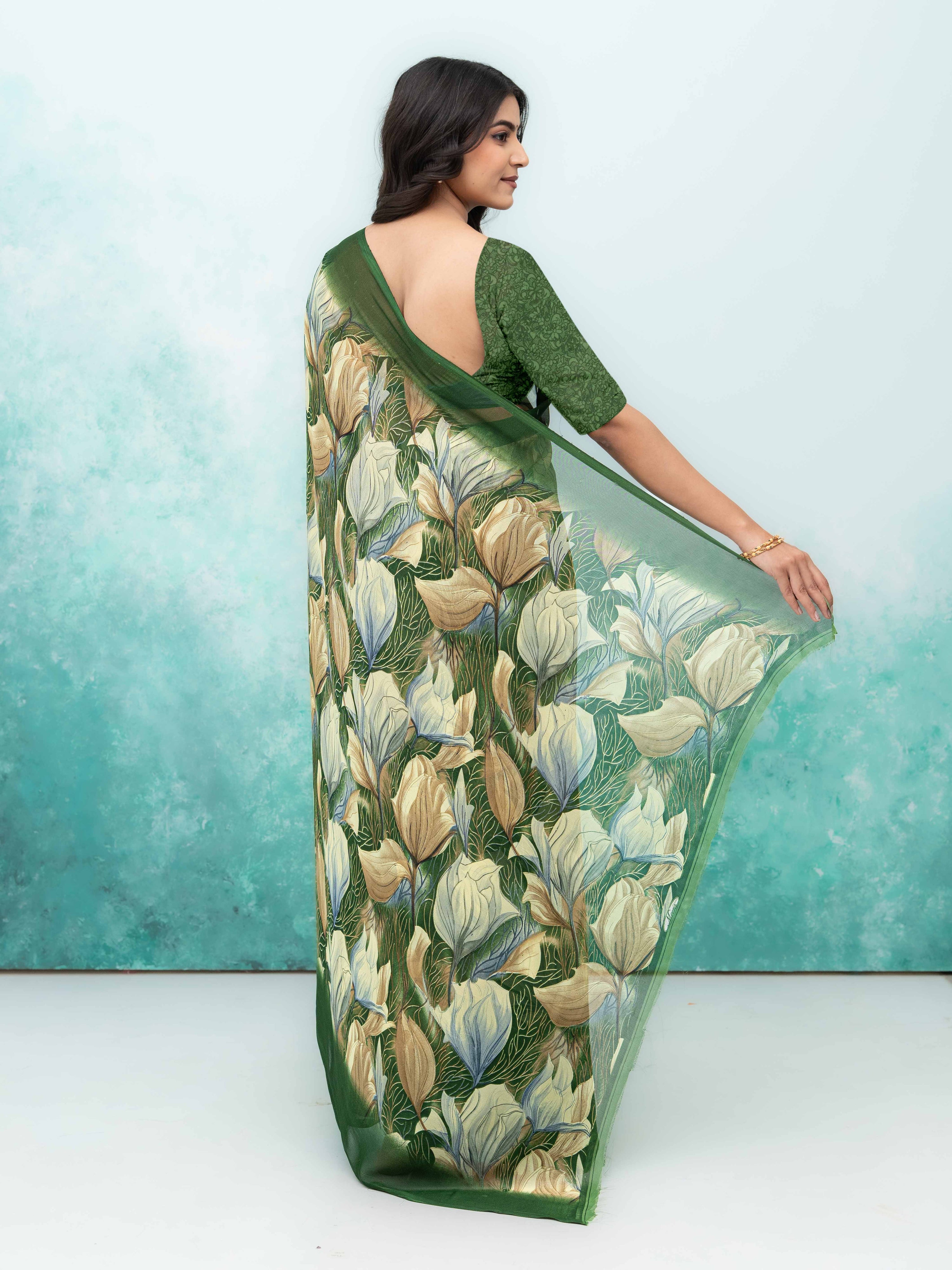 Olive Green Georgette Chiffon Saree