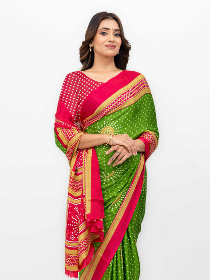 Green &amp; Pink Art Silk Saree