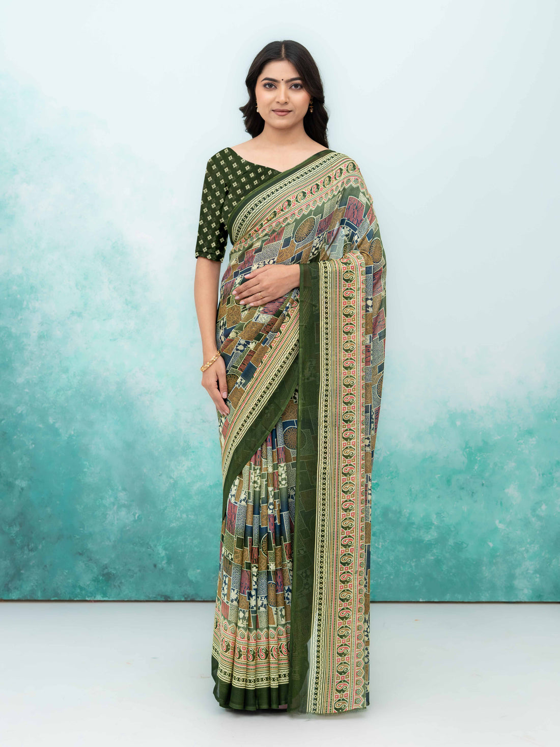 Olive Green Poly Viscose Saree