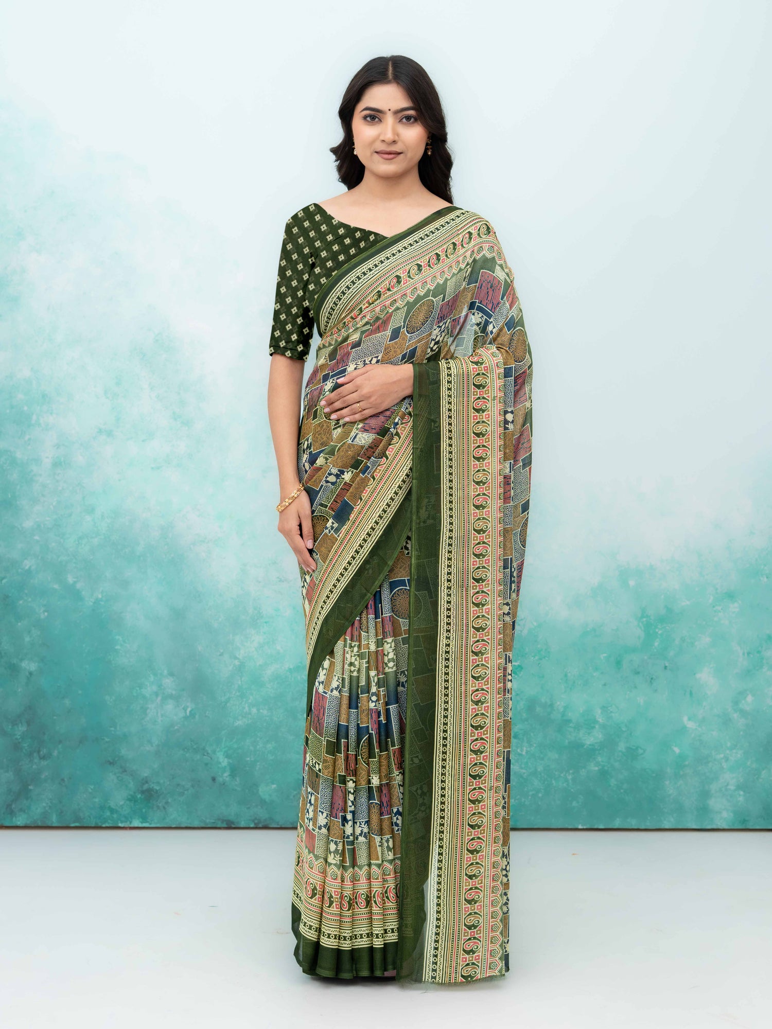 Olive Green Poly Viscose Saree
