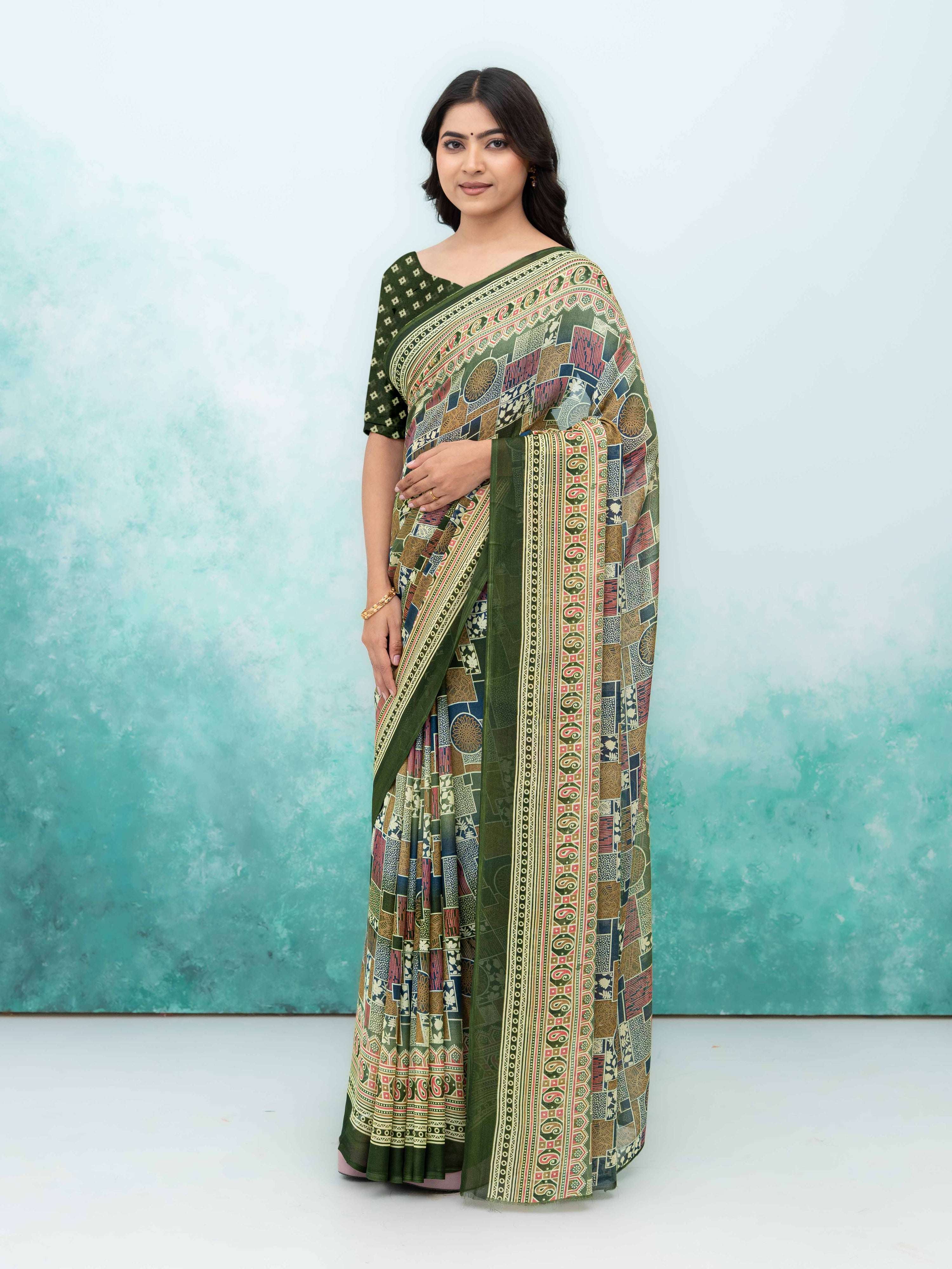 Olive Green Poly Viscose Saree