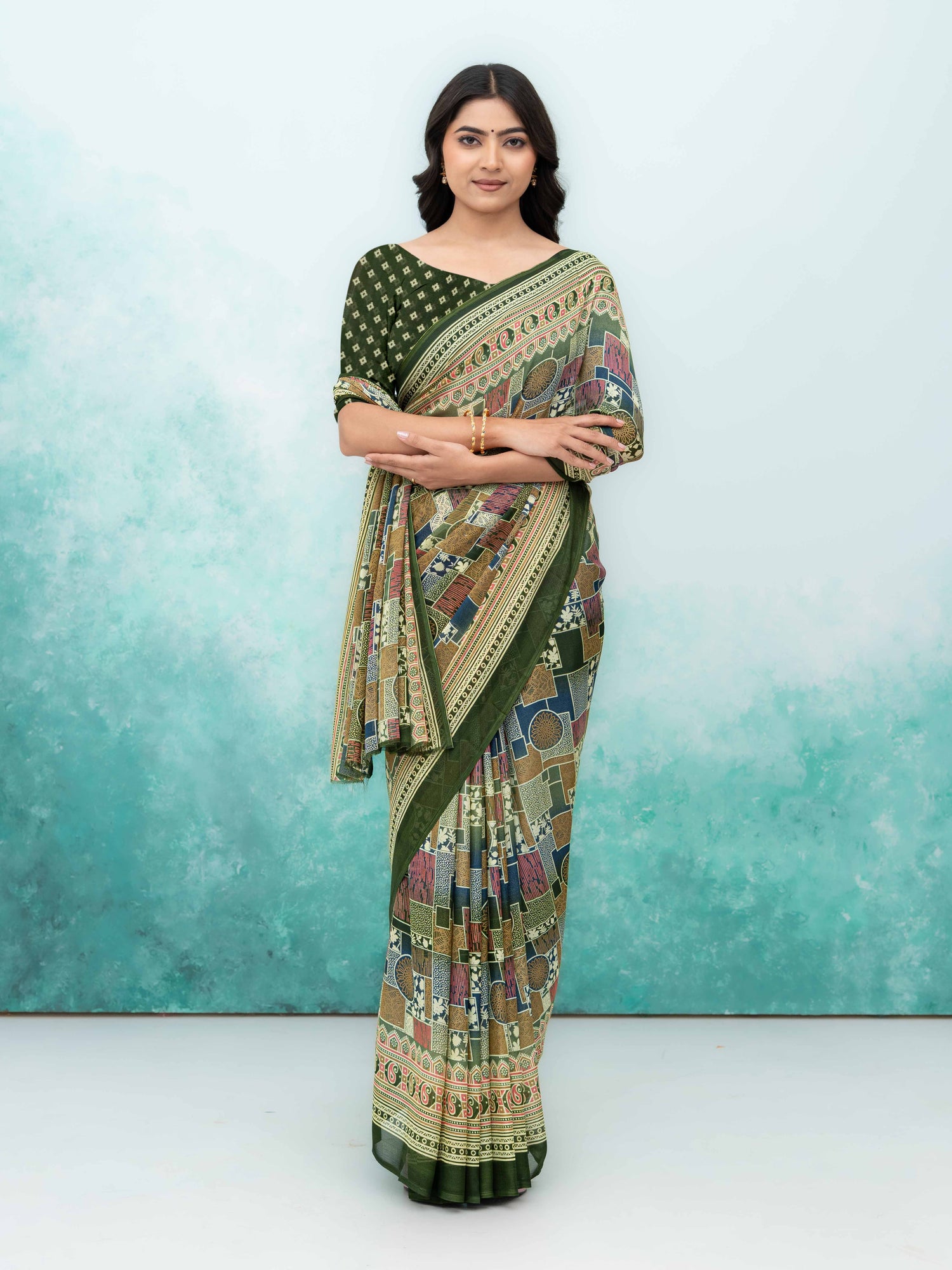 Olive Green Poly Viscose Saree