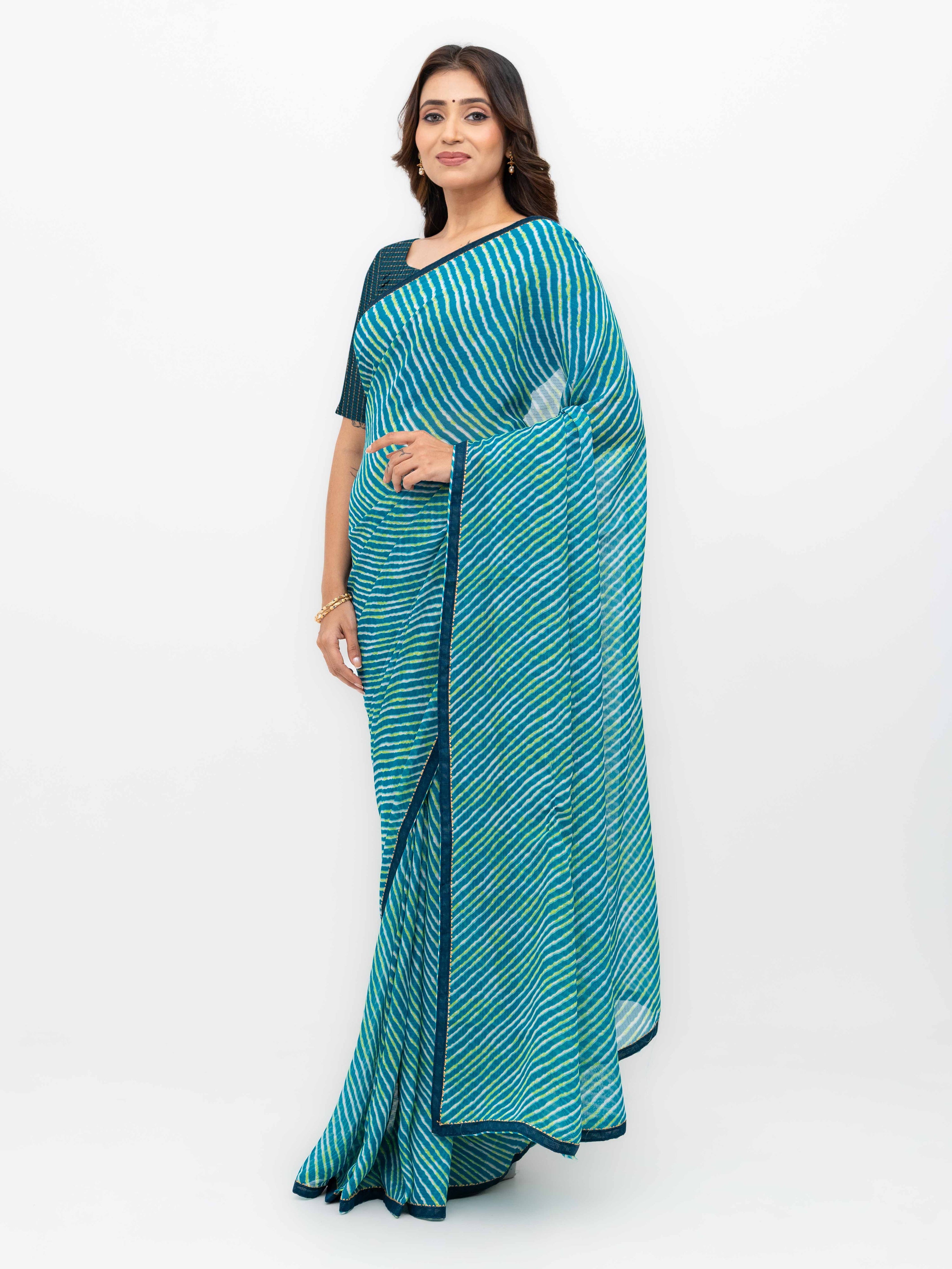 Teal Blue Georgette Leheriya Saree