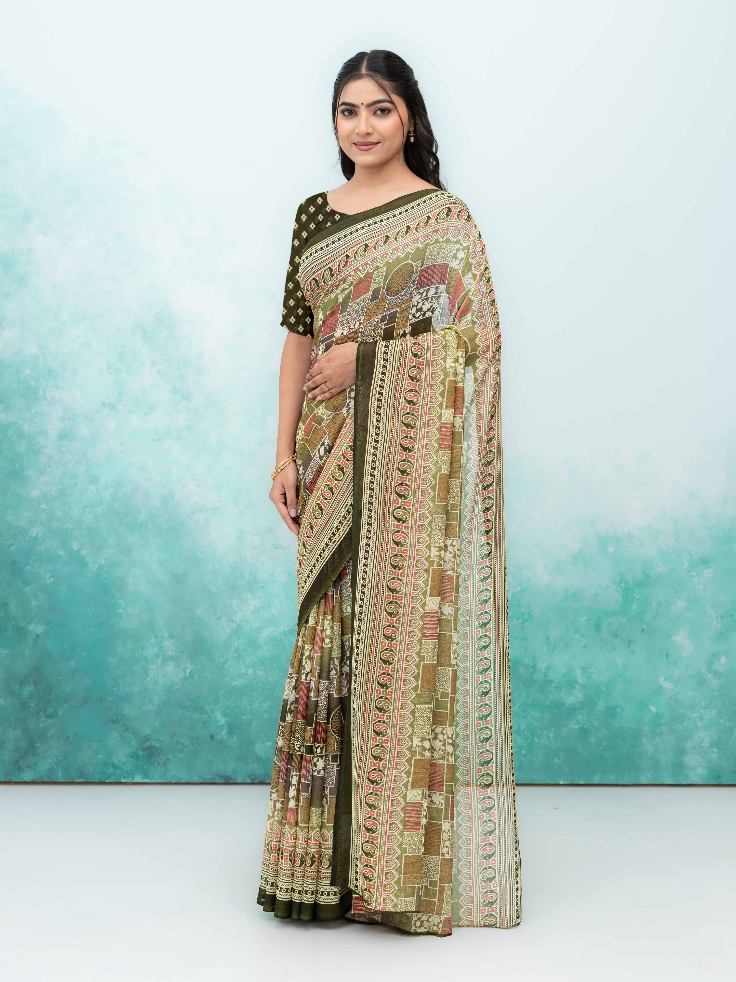 Beige Poly Viscose Saree