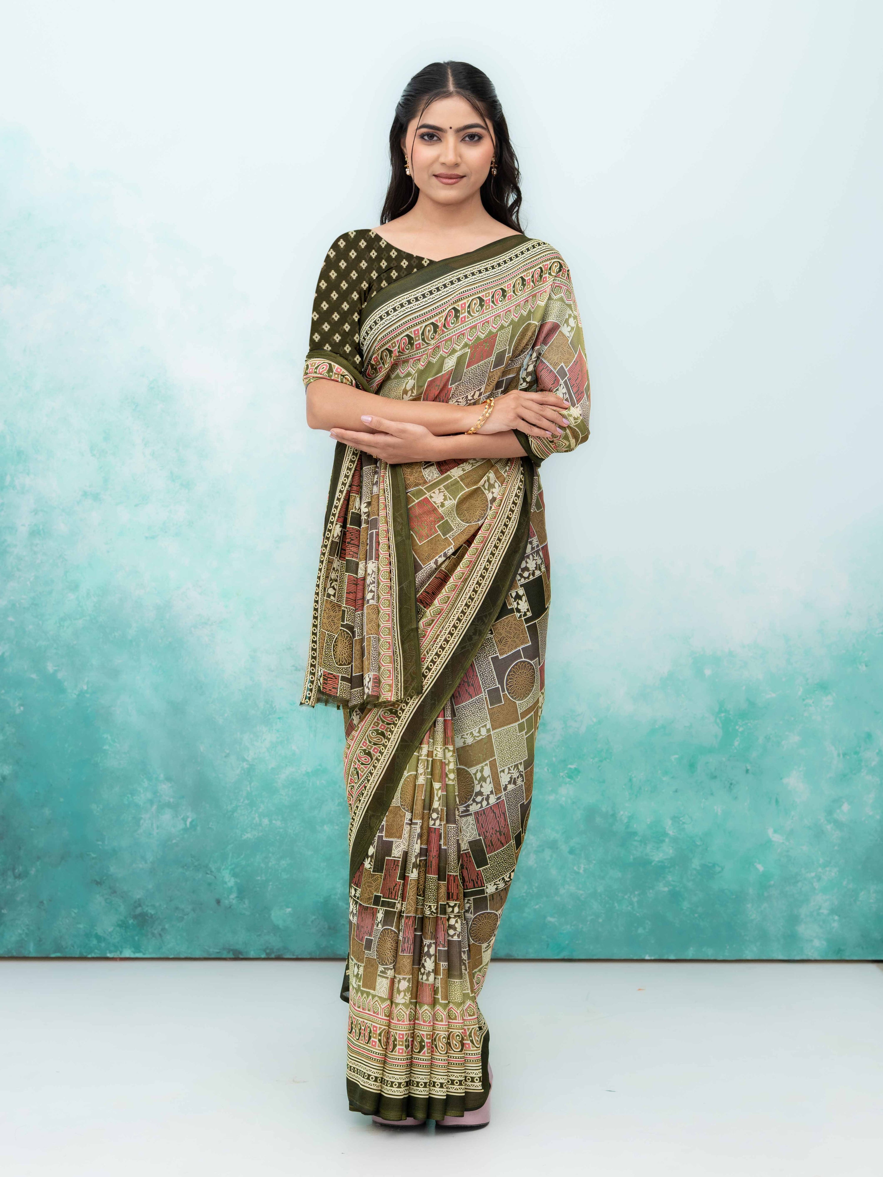 Beige Poly Viscose Saree