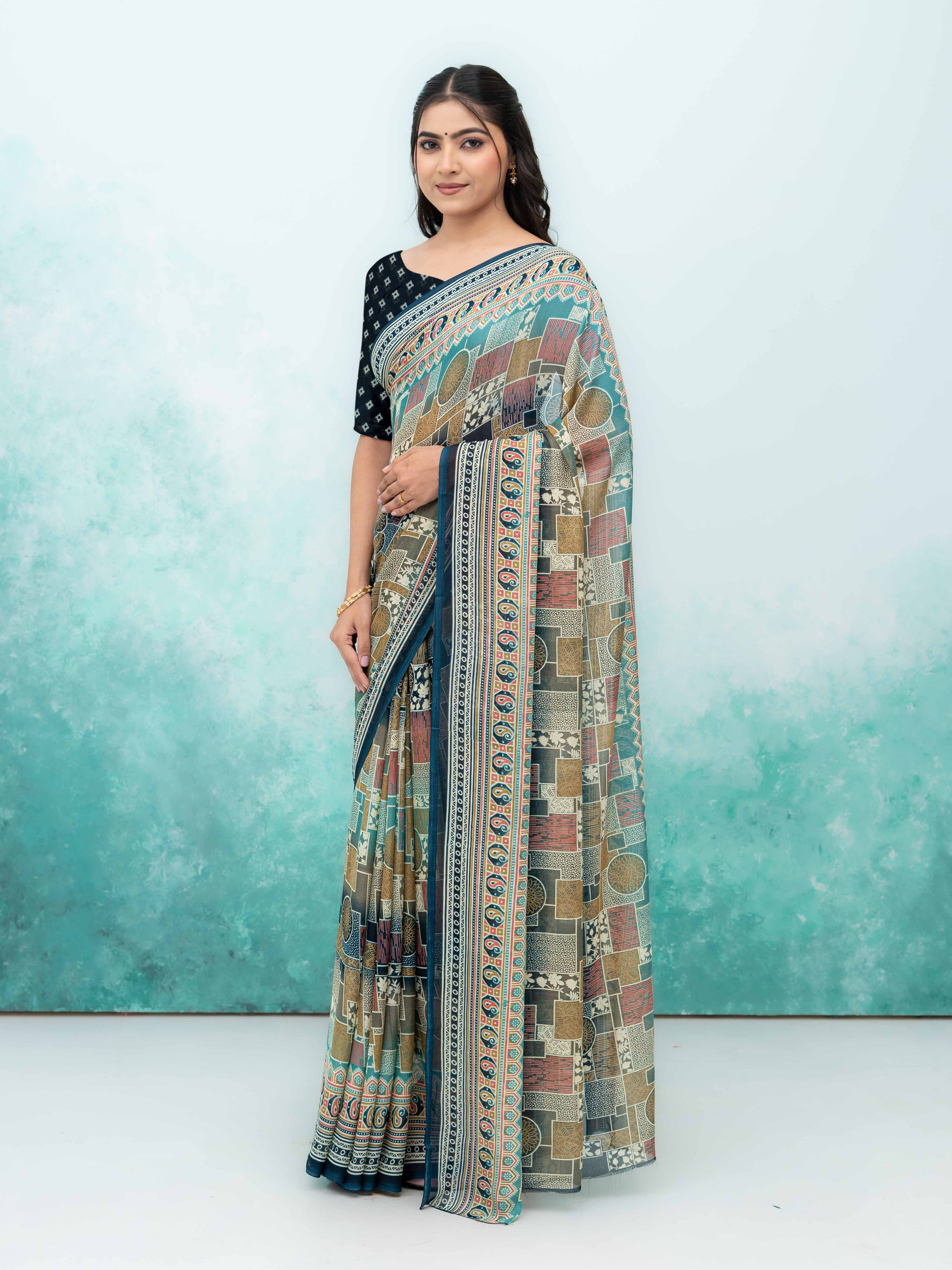 Navy Blue Poly Viscose Saree