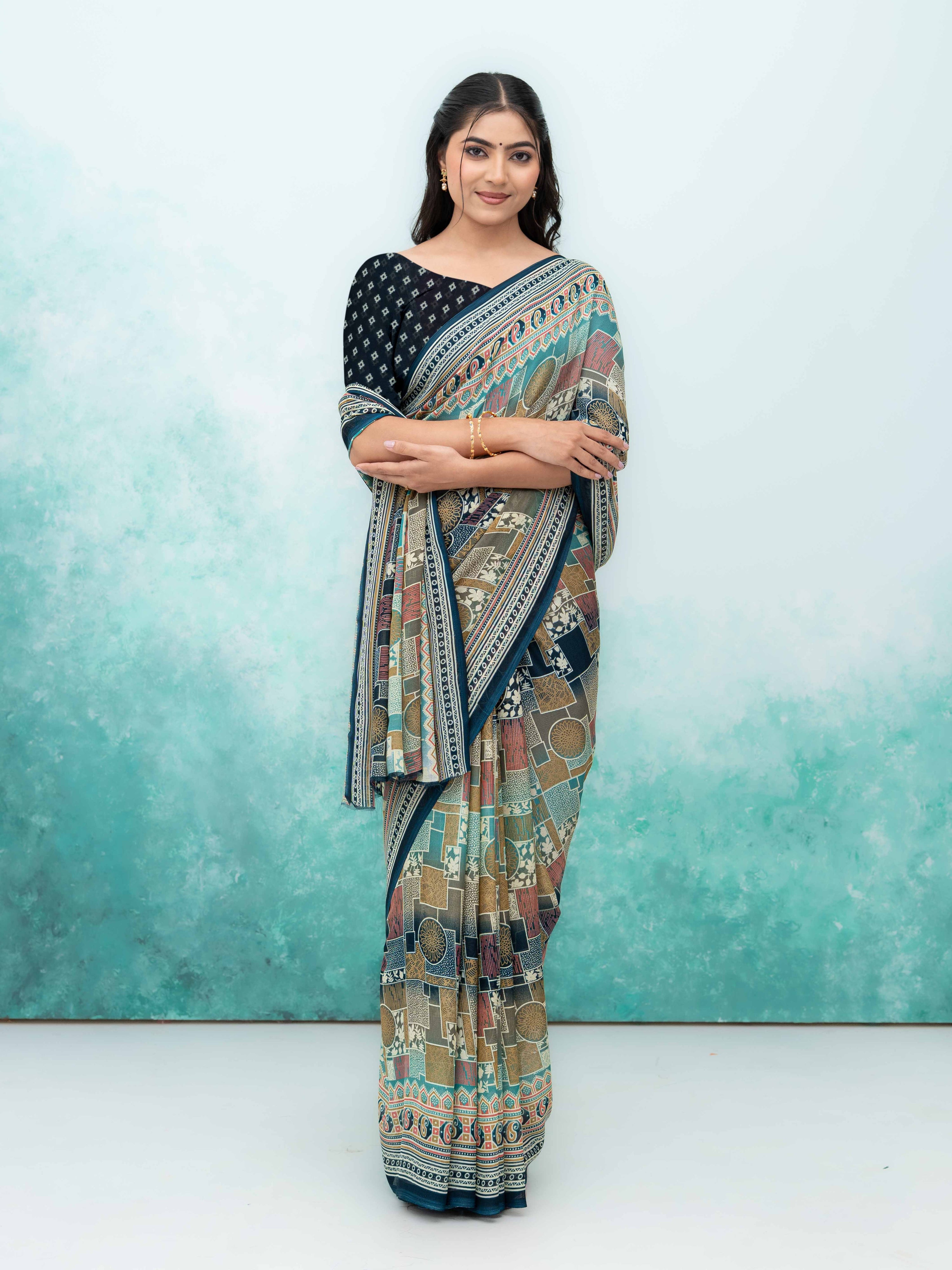 Navy Blue Poly Viscose Saree