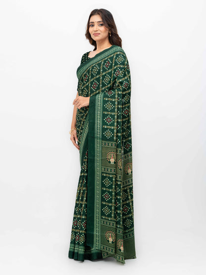 Dark Green Semi Crepe Bandhani Saree