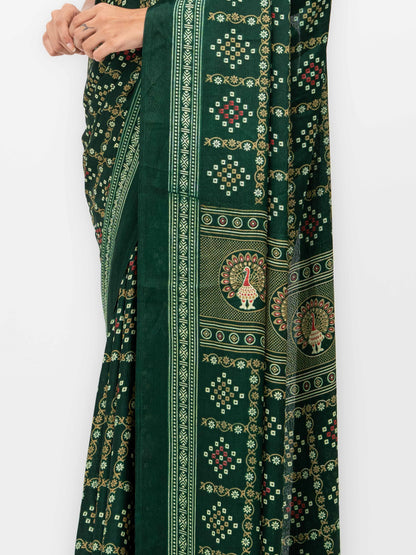 Dark Green Semi Crepe Bandhani Saree