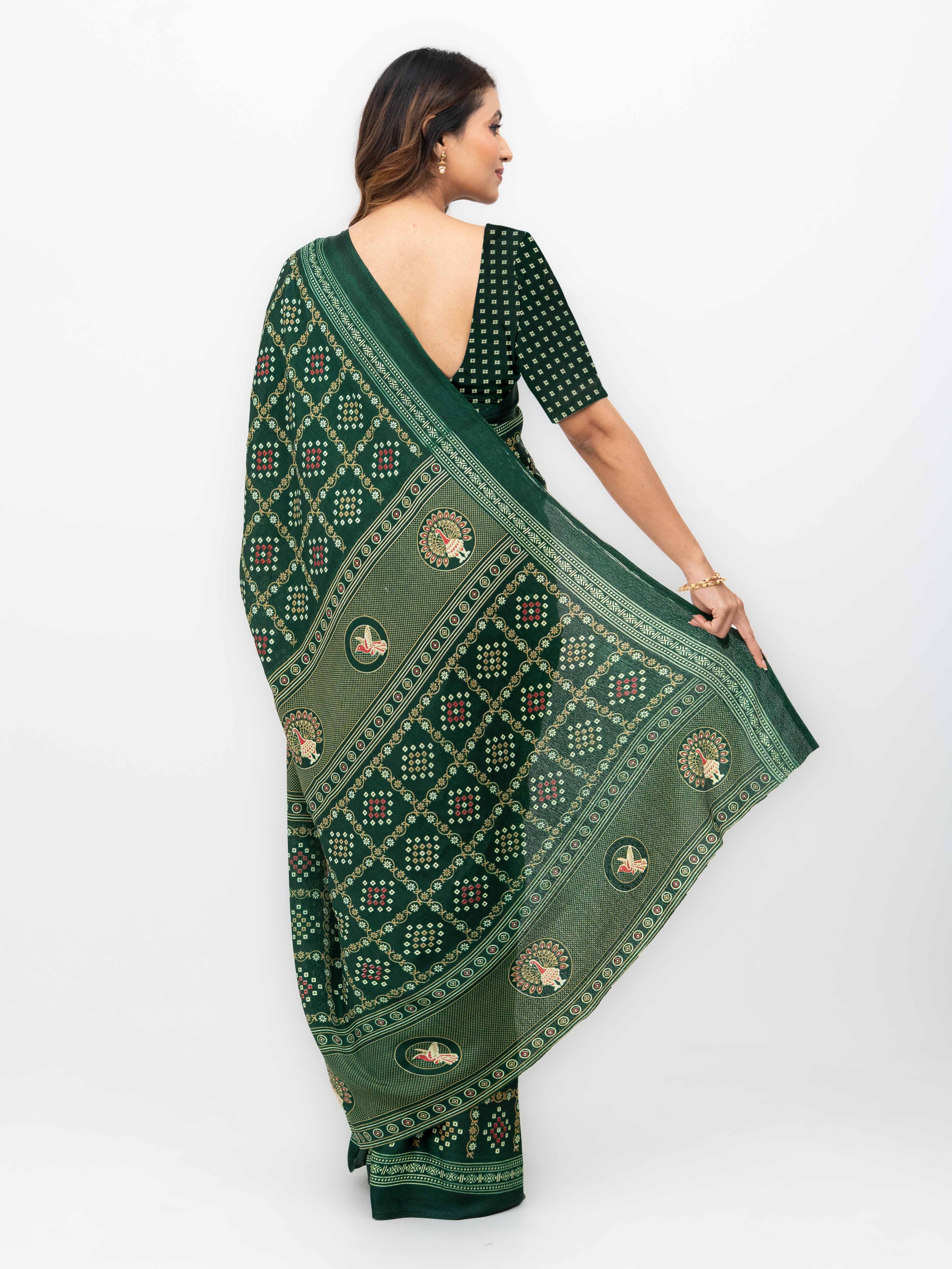 Dark Green Semi Crepe Bandhani Saree