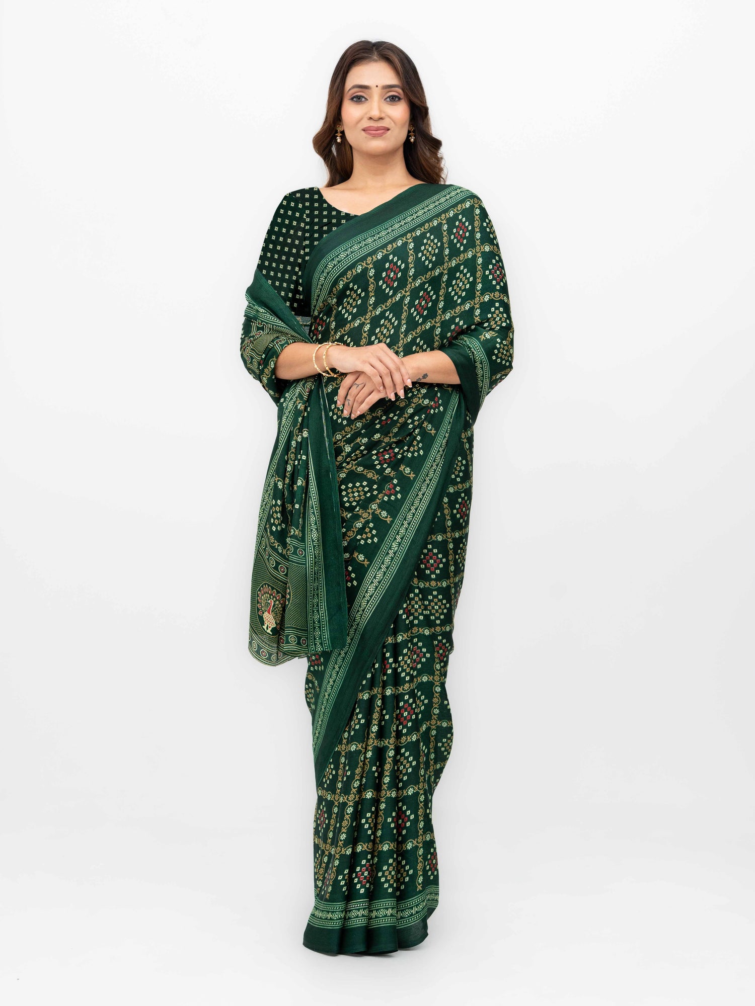 Dark Green Semi Crepe Bandhani Saree