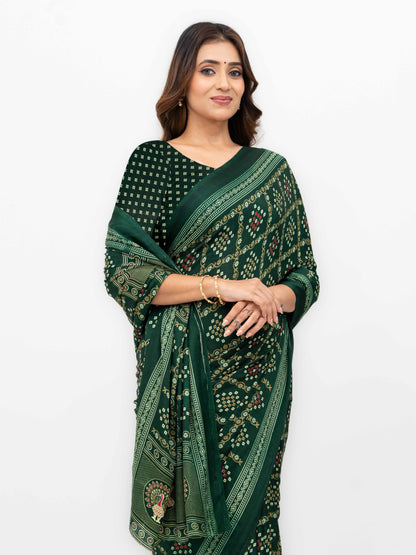 Dark Green Semi Crepe Bandhani Saree