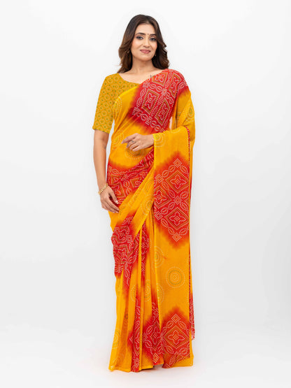 Yellow &amp; Red Georgette Saree