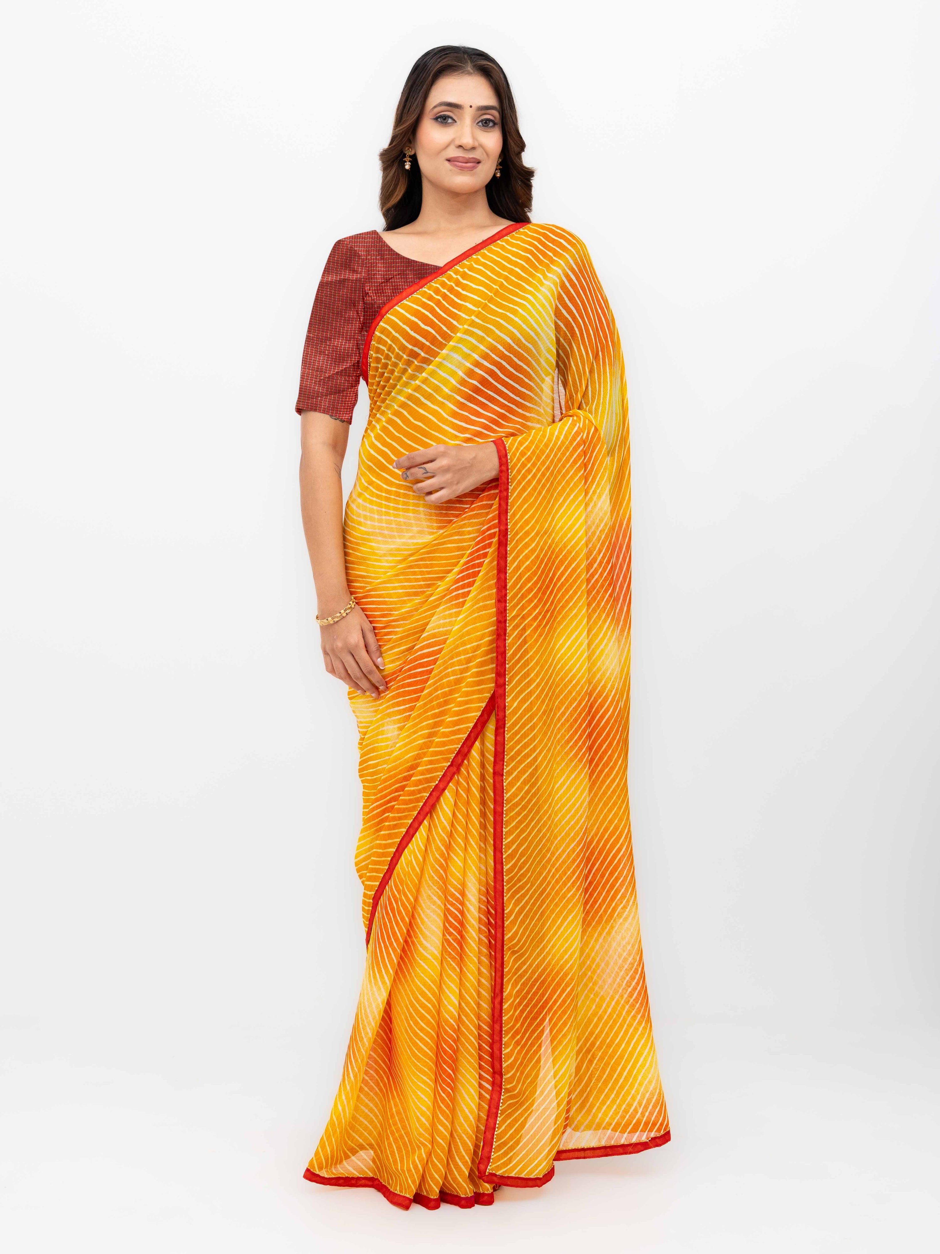 Yellow Red Georgette Leheriya Saree