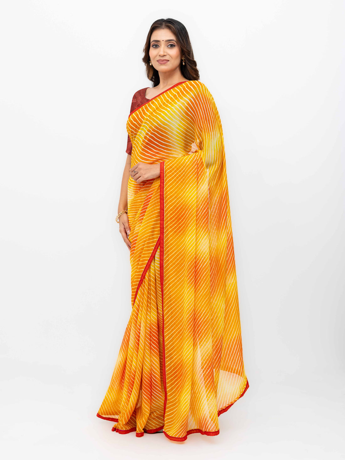 Yellow Red Georgette Leheriya Saree