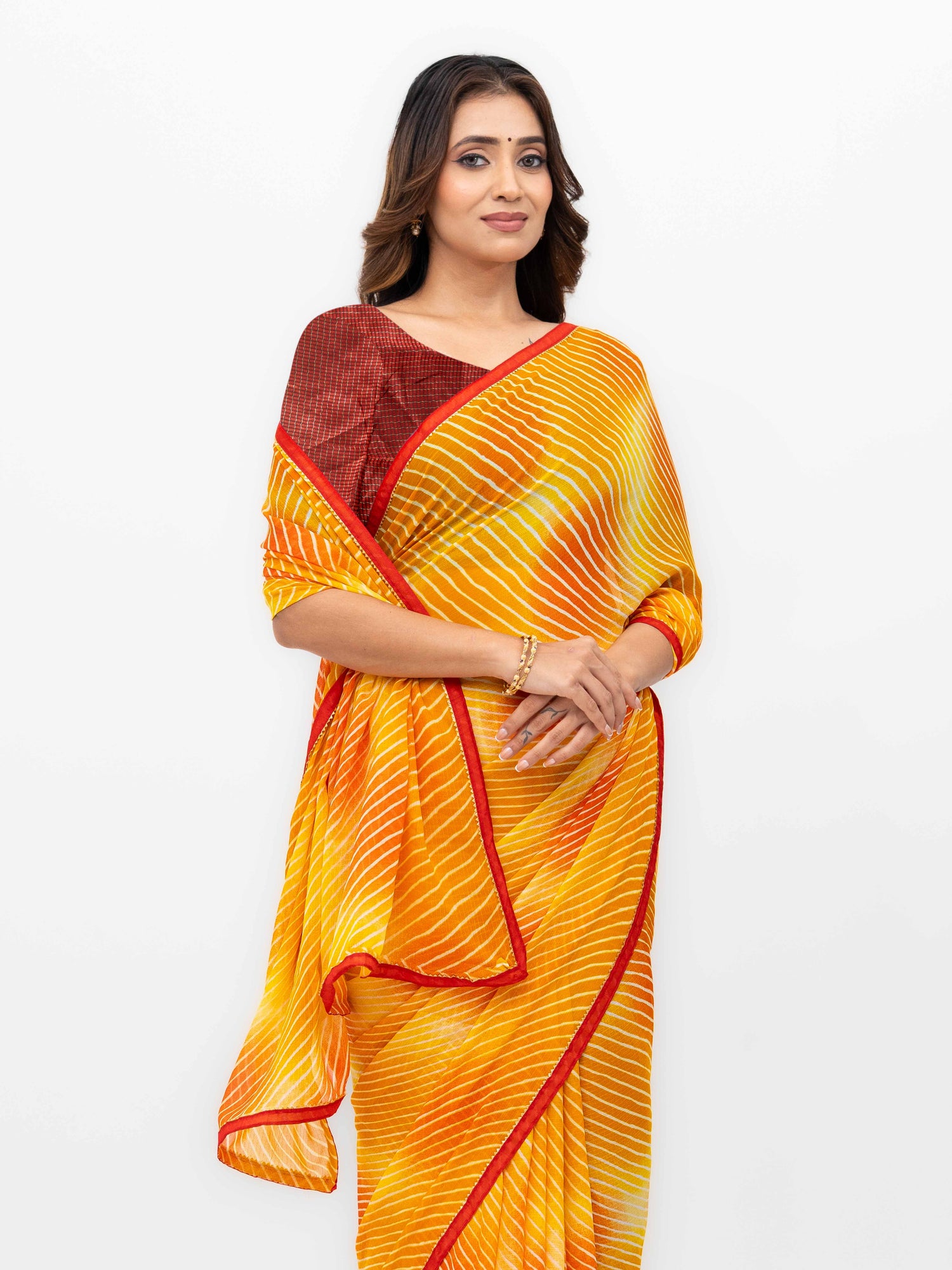 Yellow Red Georgette Leheriya Saree