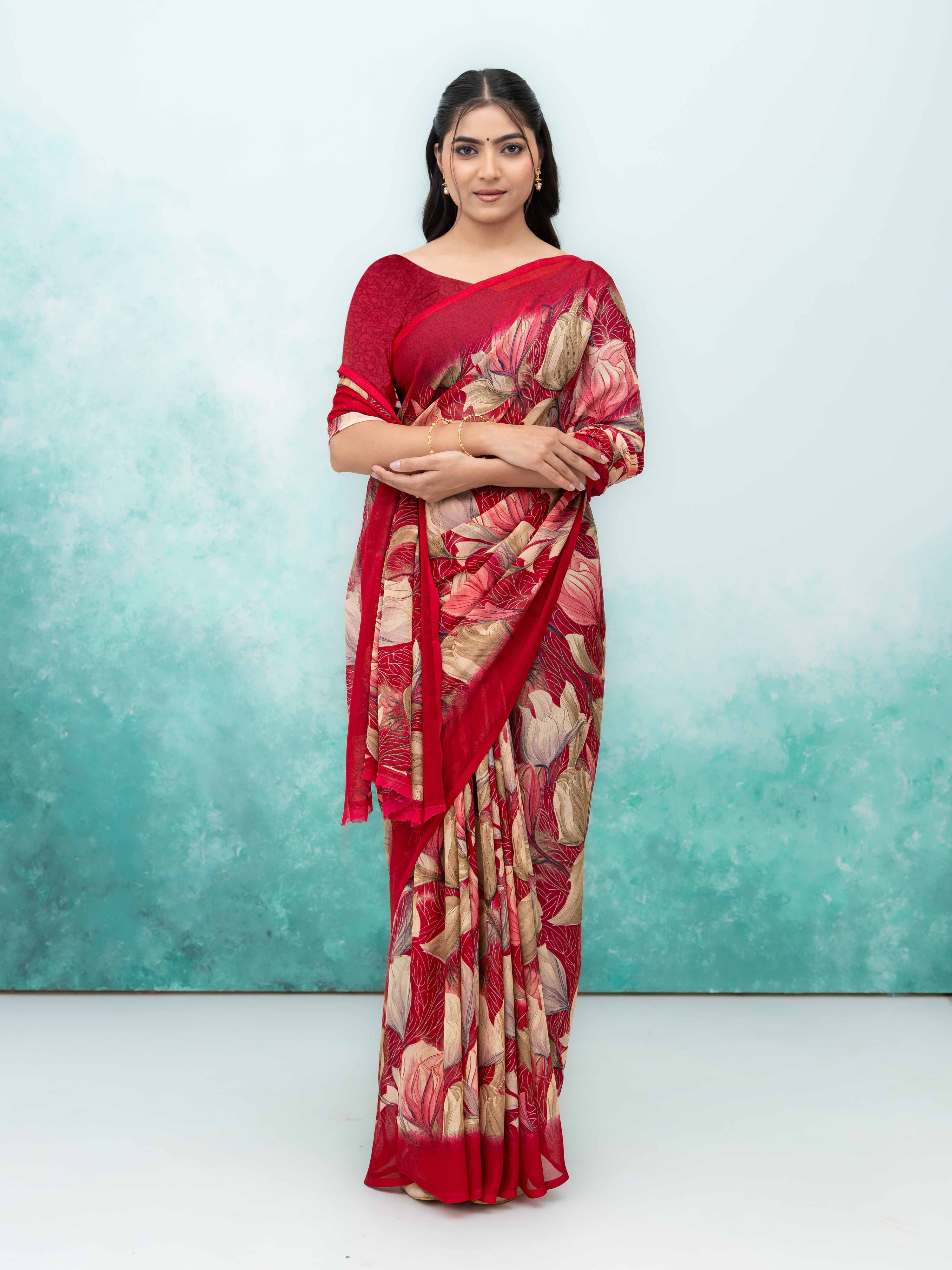 Maroon Georgette Chiffon Saree