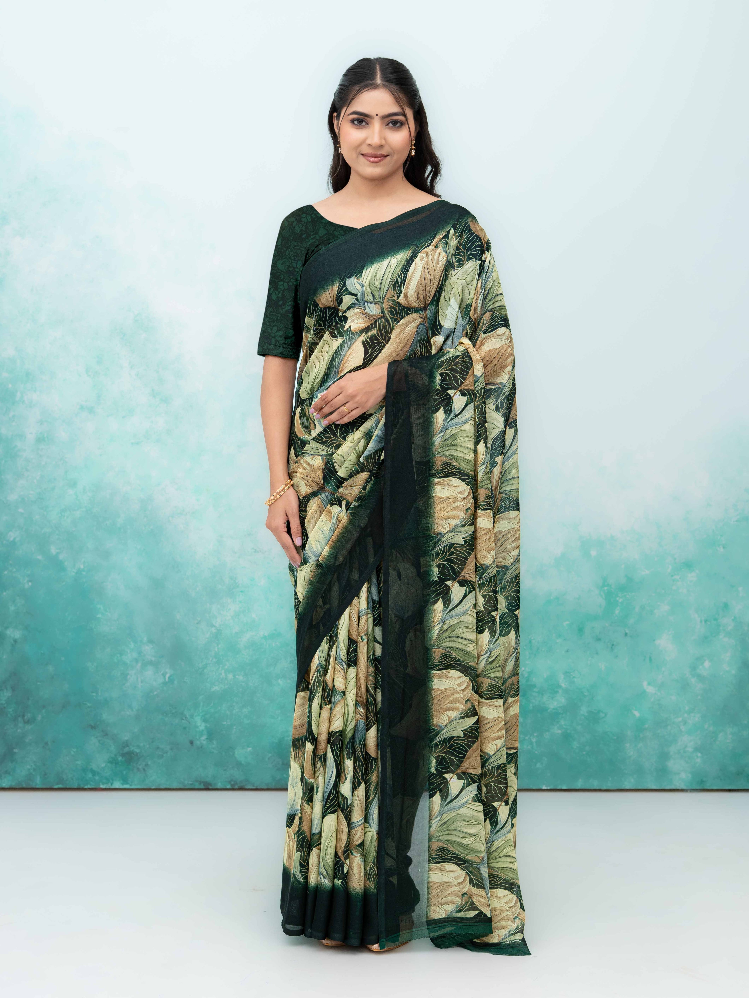 Dark Green Georgette Chiffon Saree