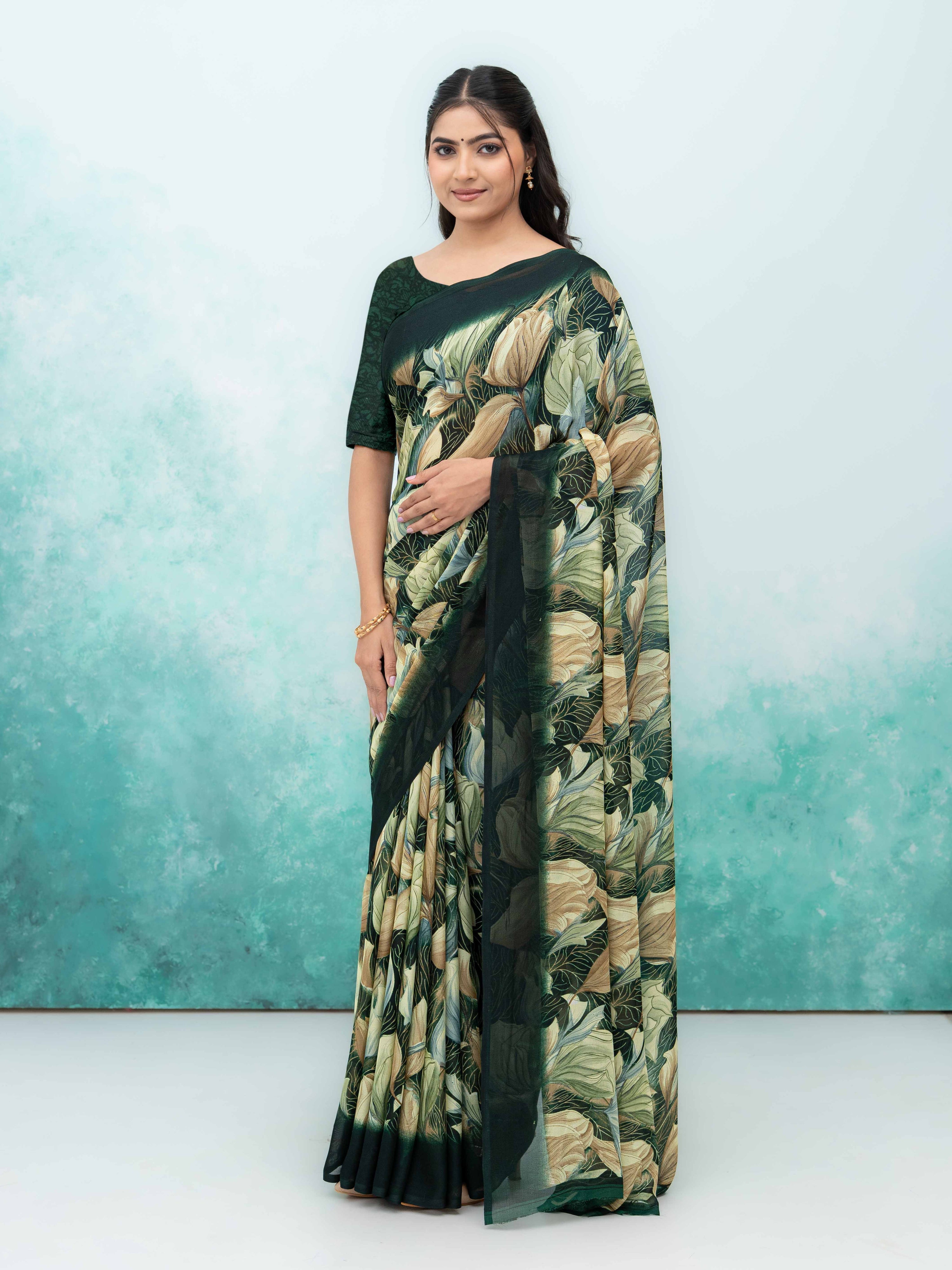 Dark Green Georgette Chiffon Saree