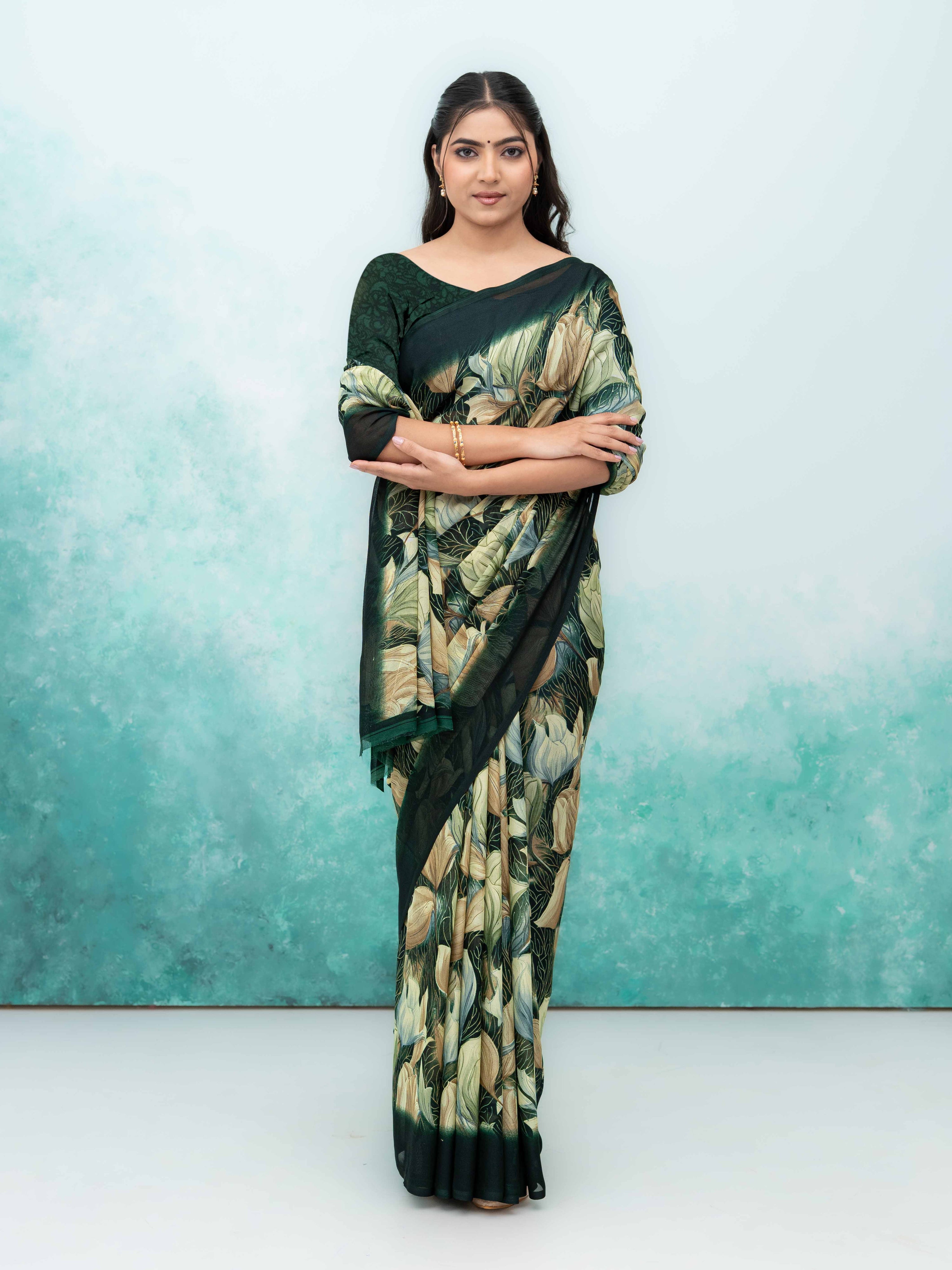 Dark Green Georgette Chiffon Saree