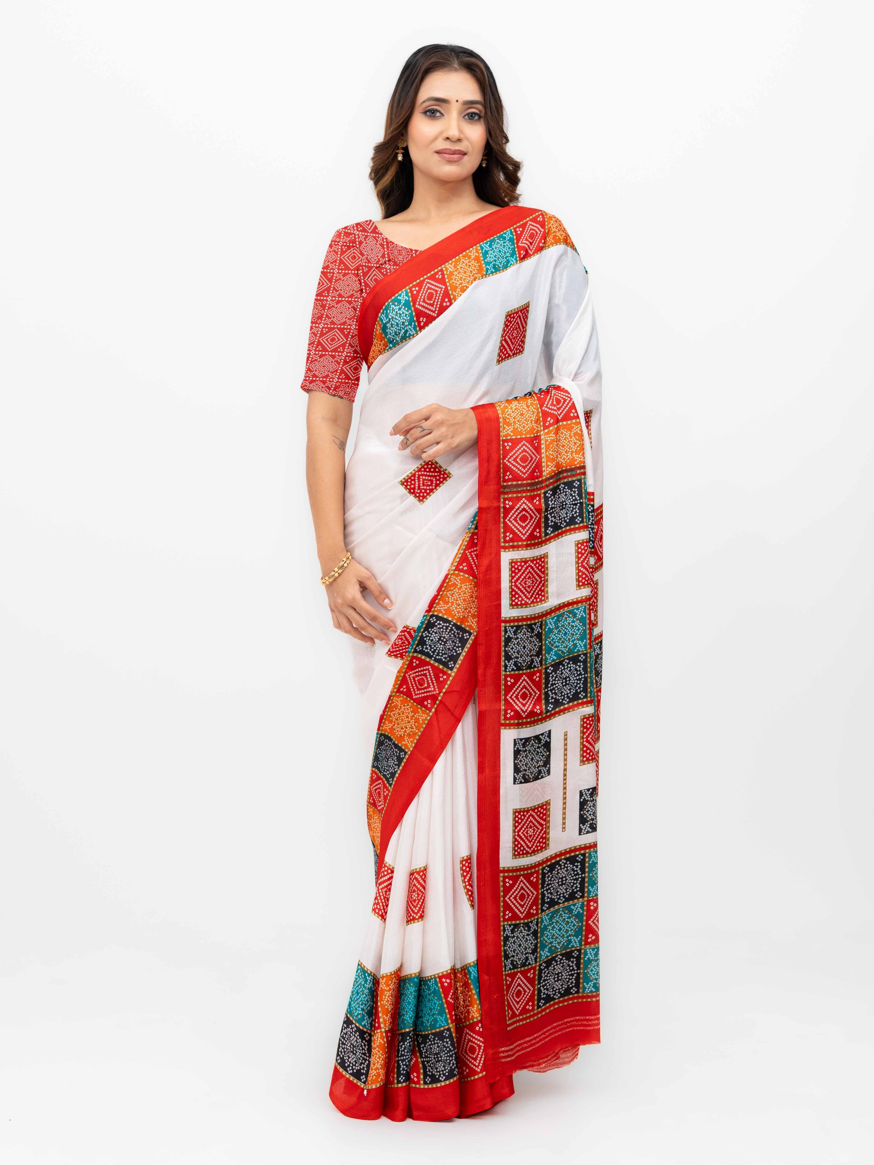 White With Red Art Silk Saree