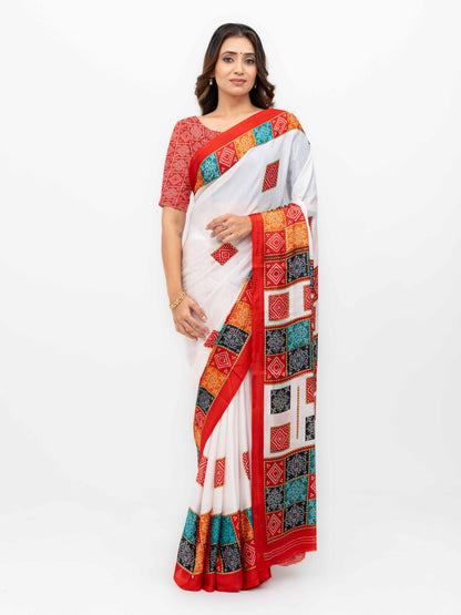 White With Red Art Silk Saree