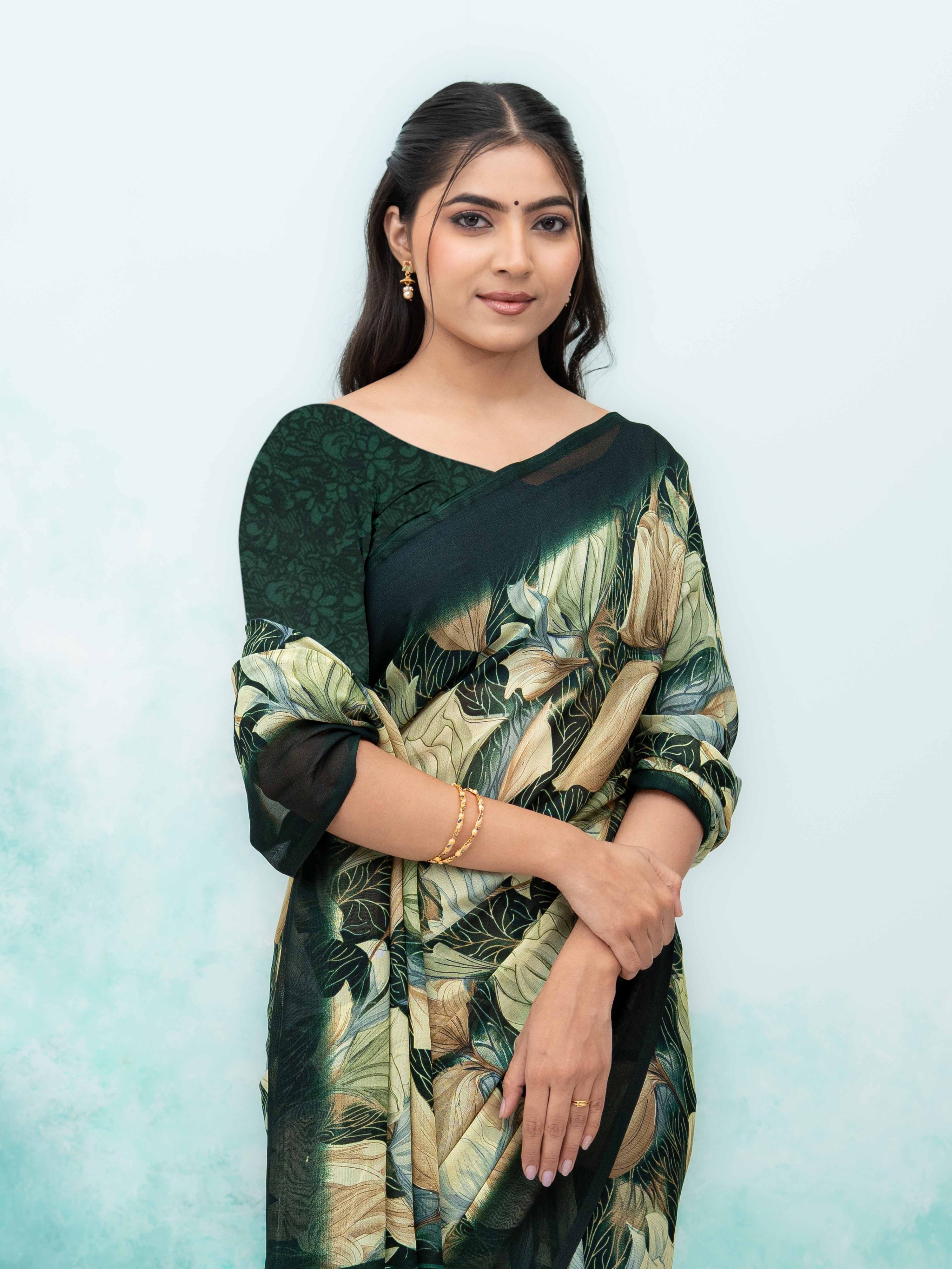 Dark Green Georgette Chiffon Saree