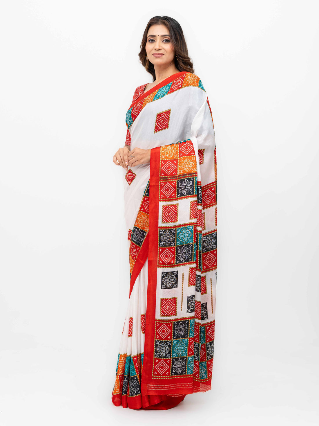 White With Red Art Silk Saree