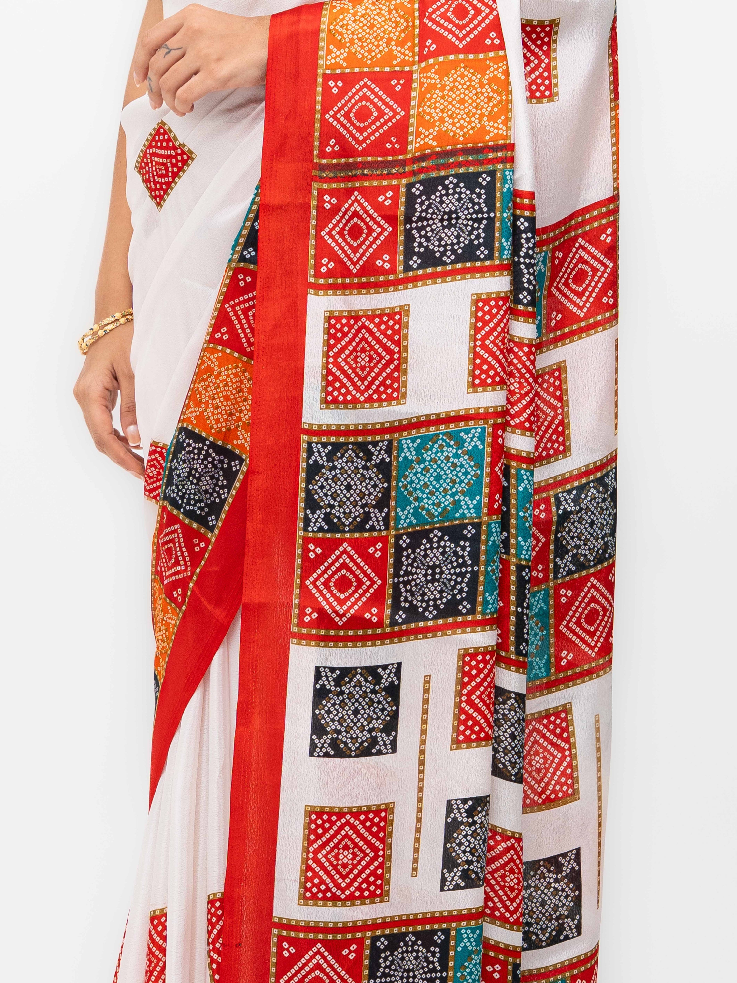 White With Red Art Silk Saree