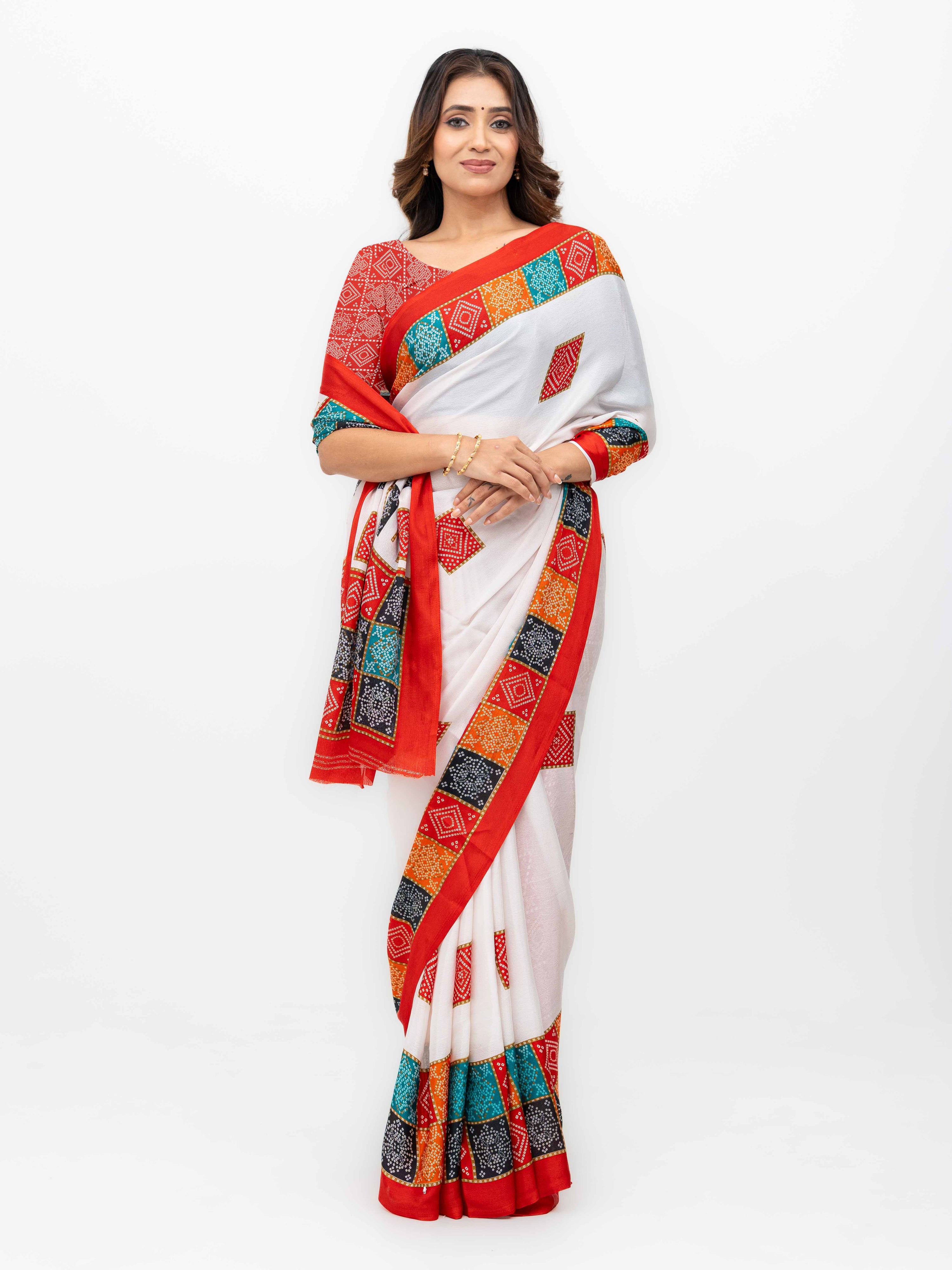 White With Red Art Silk Saree