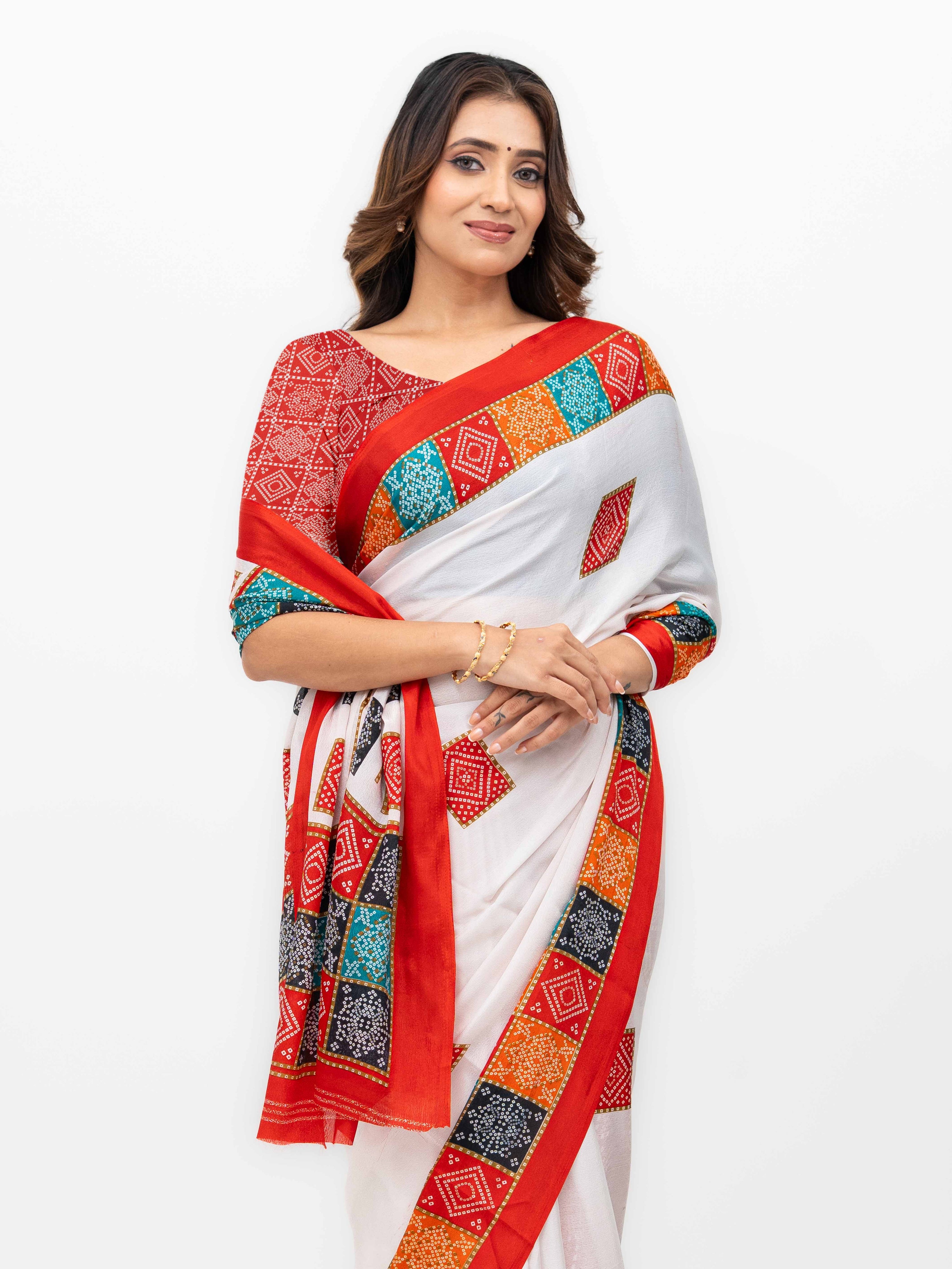 White With Red Art Silk Saree