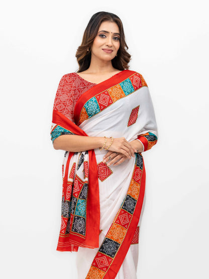 White With Red Art Silk Saree