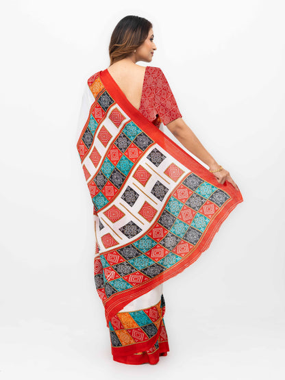 White With Red Art Silk Saree