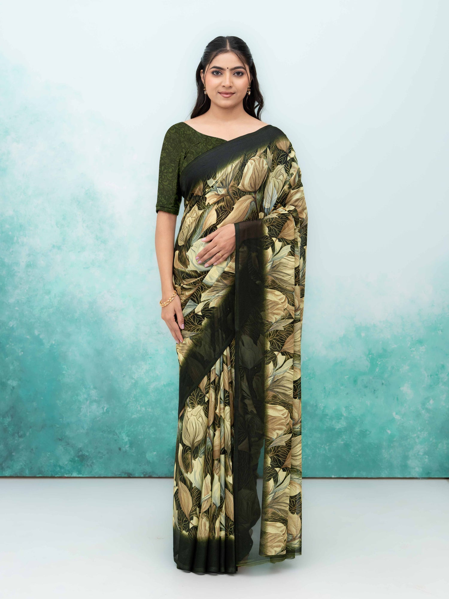 Olive Green Georgette Chiffon Saree
