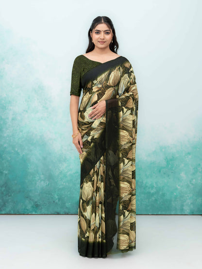 Olive Green Georgette Chiffon Saree
