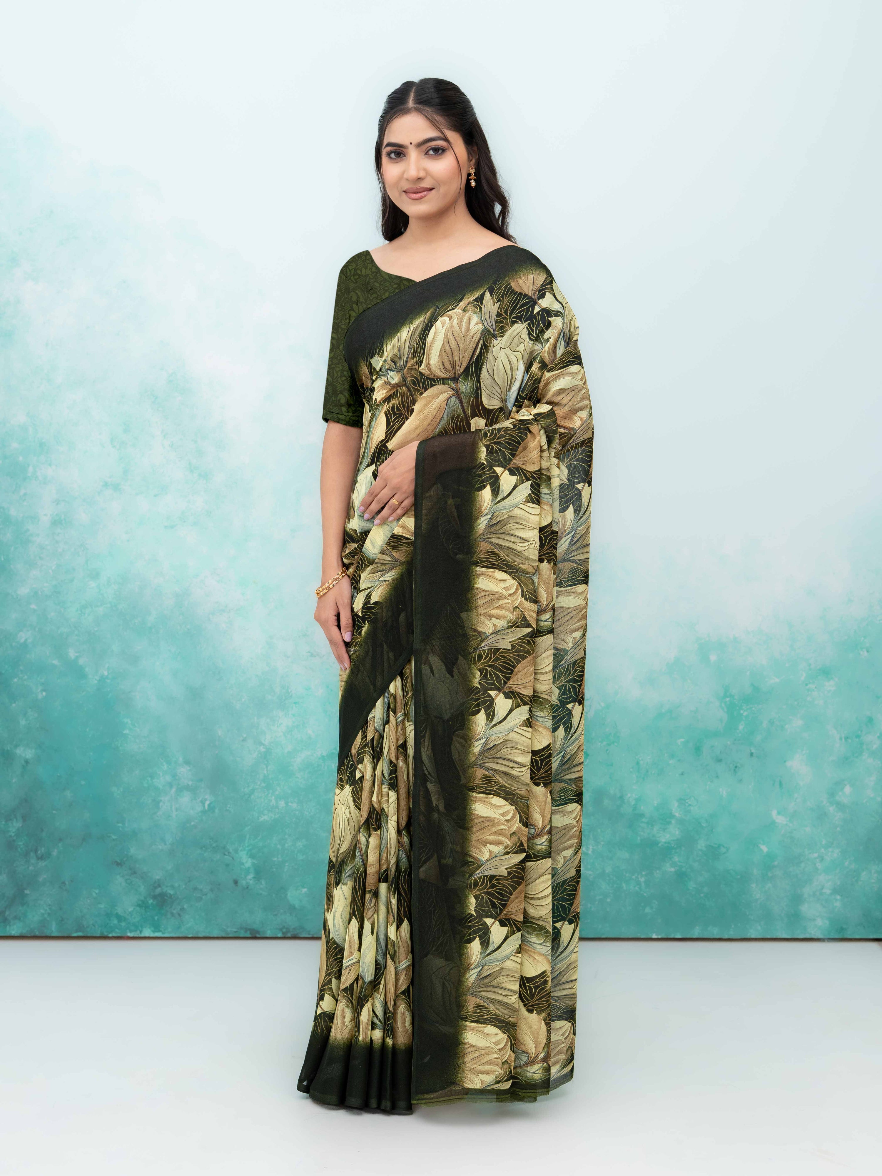 Olive Green Georgette Chiffon Saree