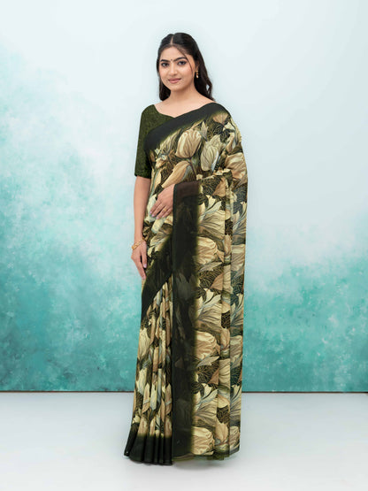 Olive Green Georgette Chiffon Saree