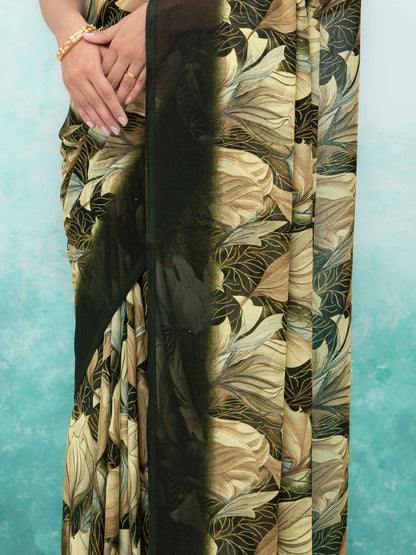 Olive Green Georgette Chiffon Saree