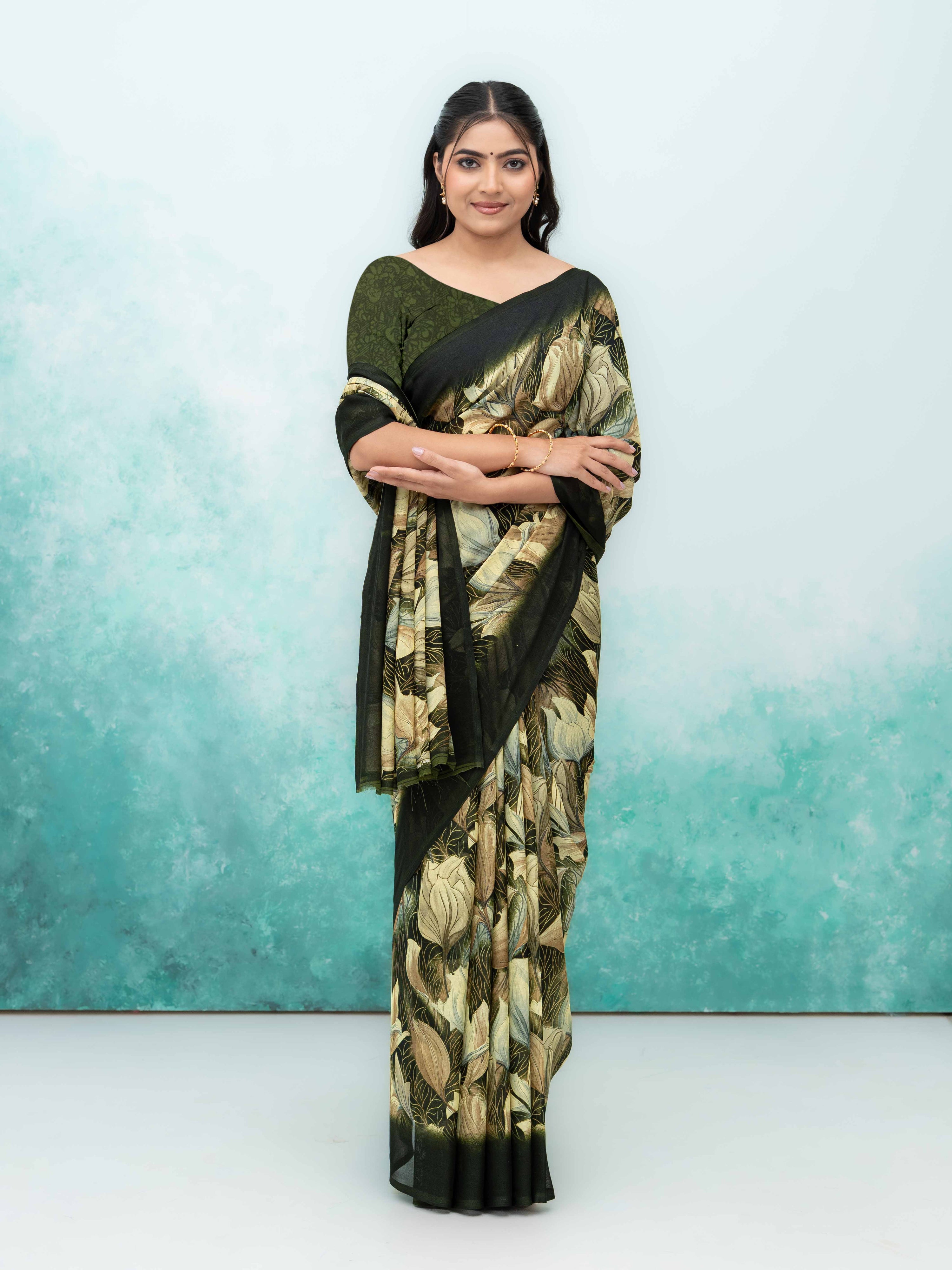 Olive Green Georgette Chiffon Saree