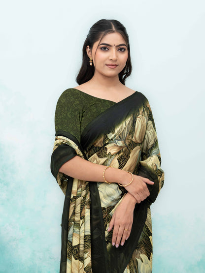 Olive Green Georgette Chiffon Saree