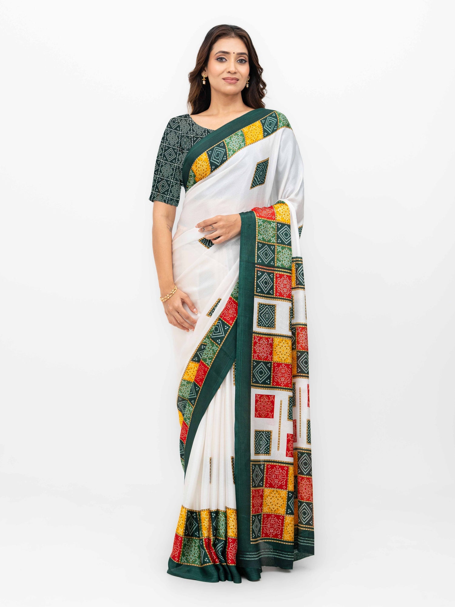 White With Green Art Silk Saree