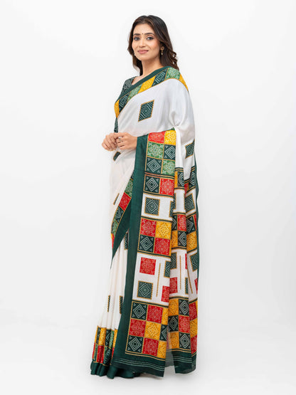 White With Green Art Silk Saree