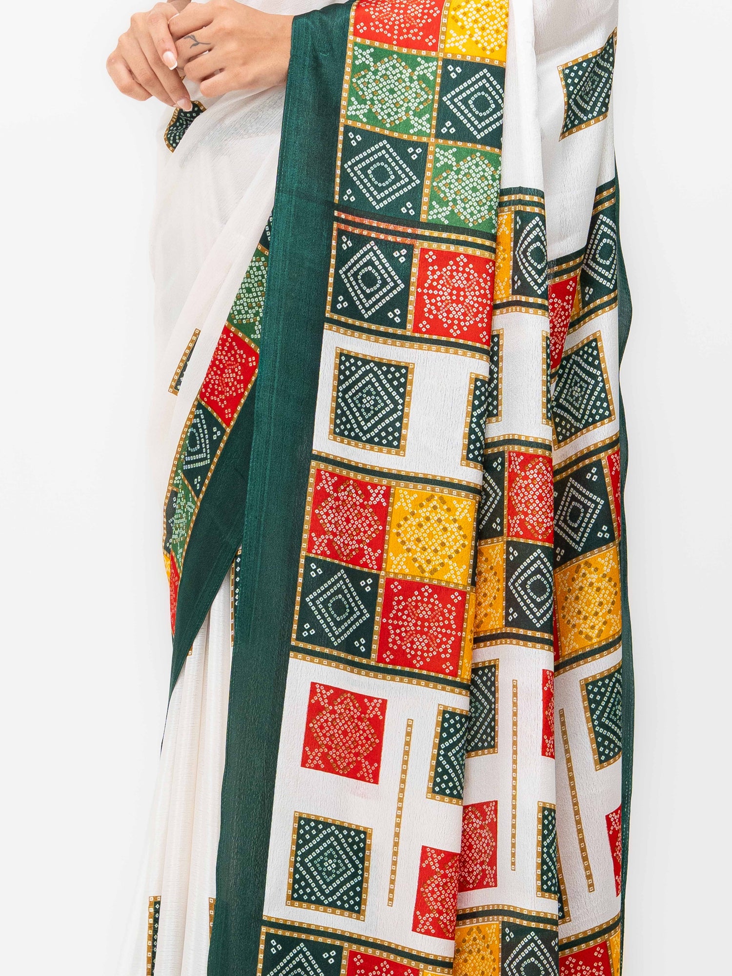 White With Green Art Silk Saree