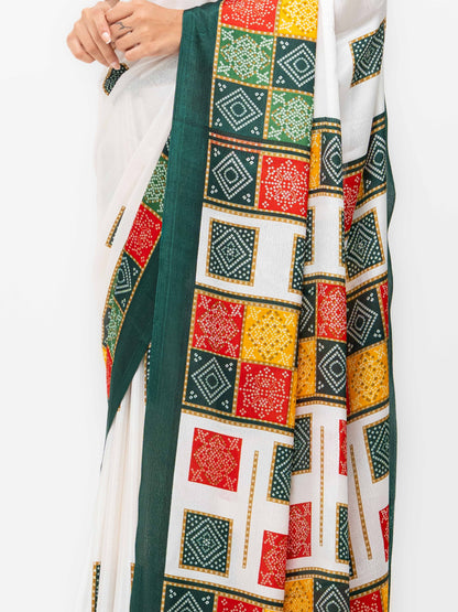 White With Green Art Silk Saree